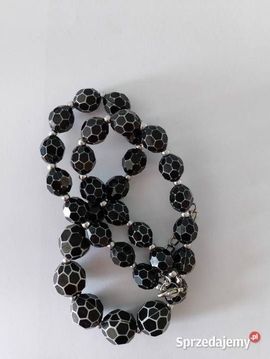Korale FASETOWANE czarne z białymi brzegami Złotniki