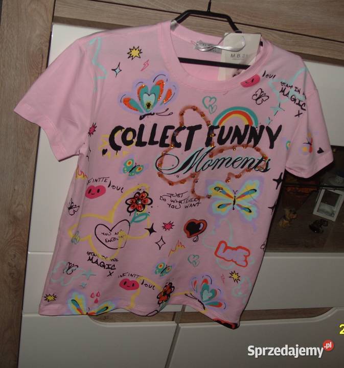 Tshirt NOWY Róż Motyle Serca cekiny cyrkonie r Rozmiar 38(M) Rawicz