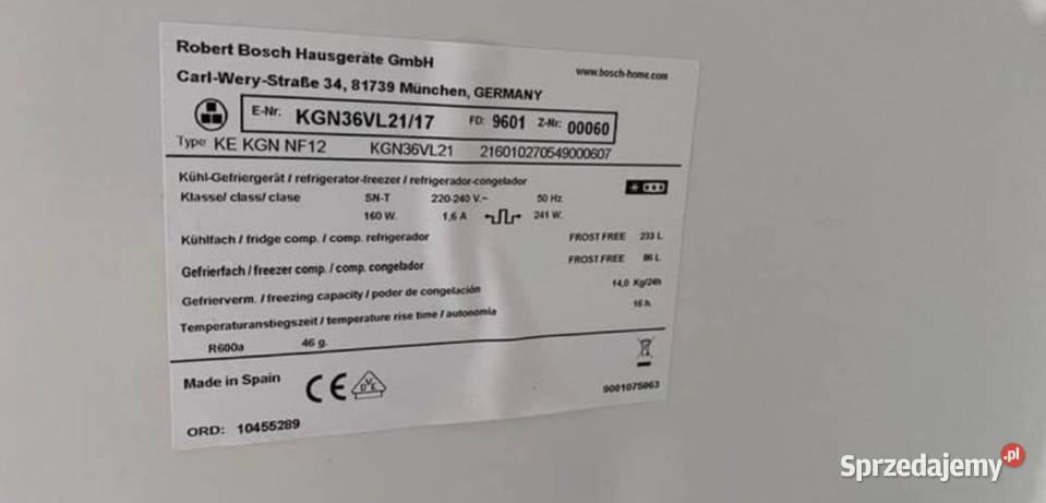 Lodówka Bosh kgn36vl21 184 uszkodzona małopolskie Alwernia