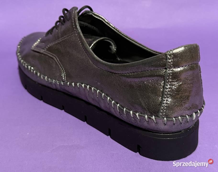 Skórzane damskie platynowe wiązane półbuty Żyrardów
