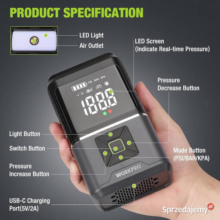 WORKPRO Kompresor bezprzewodowy 150 PSI 2500 mAh Rzeszów
