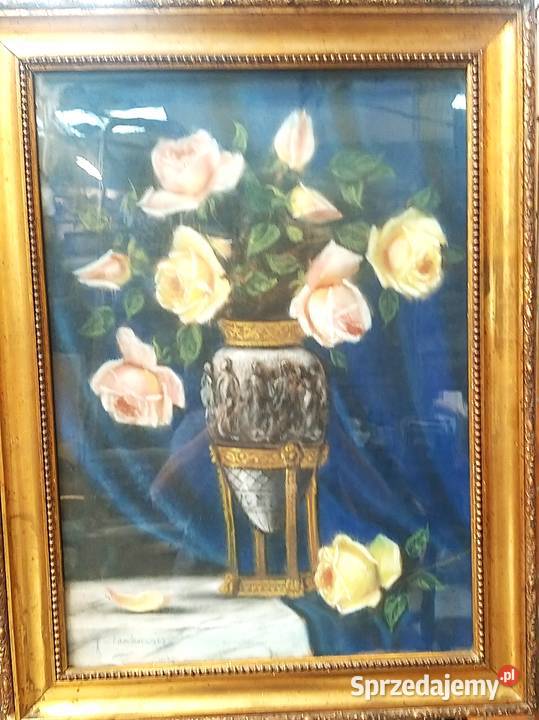 Pastel w złotej ramie róże w wazonie podpisany Z Bronisze