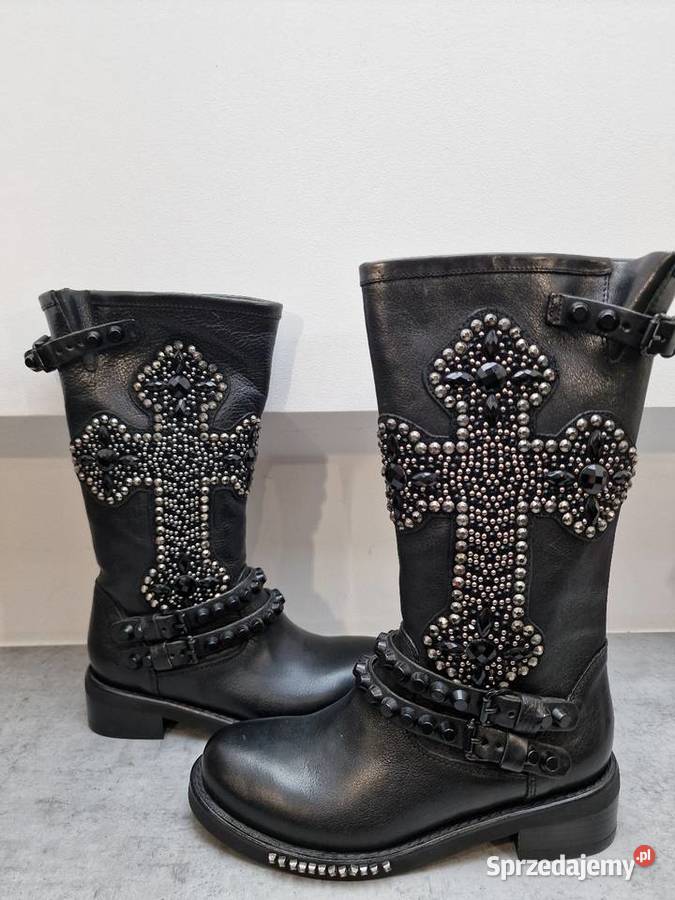 Botki Kozaki Skóra Czarne Kamienie Ćwieki 36 czarny