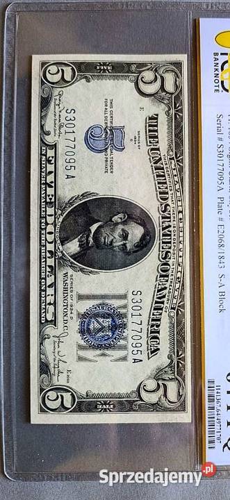 USA 5 Dolarów 1934 r Silver Certyficate PCGS 64 Węgorzewo