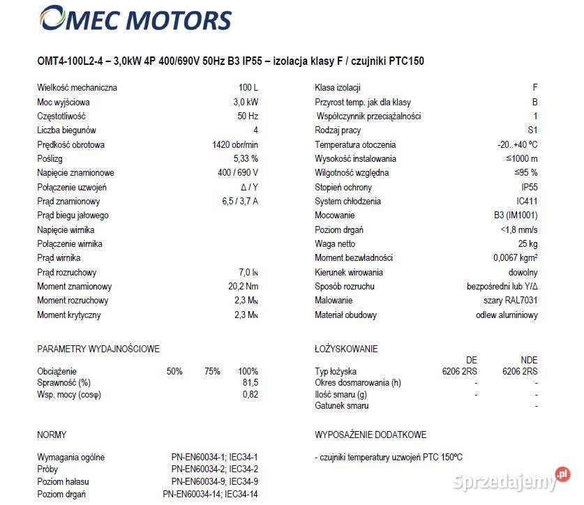 SILNIK OMT4100L24 30kW 4P 400690V 50Hz B3 IP55 wielkopolskie Czarnylas sprzedam