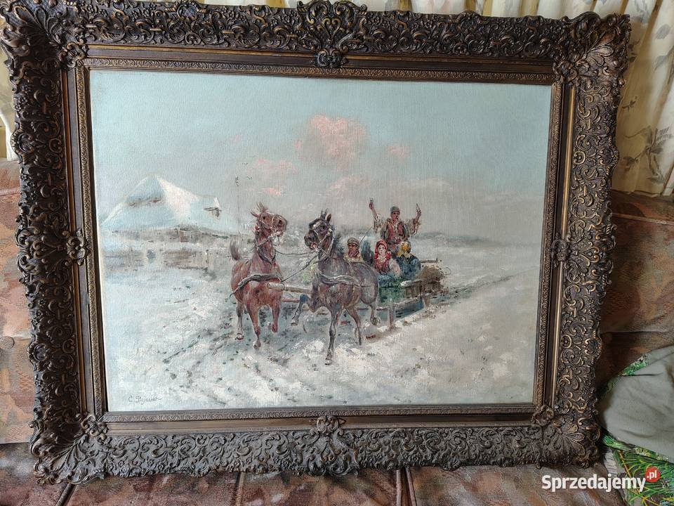 Stary obraz olejny Zimowa sanna Malarstwo Kartuzy