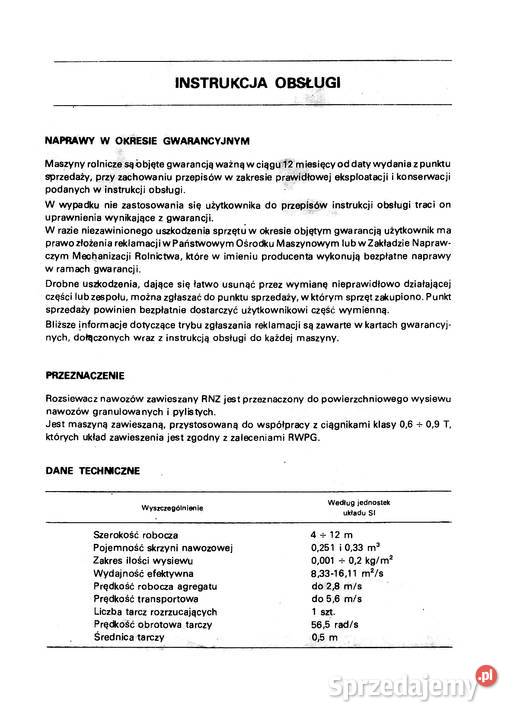 Rozsiewacz nawozów RNZ N012 instrukcja i katalog Stalowa Wola sprzedam