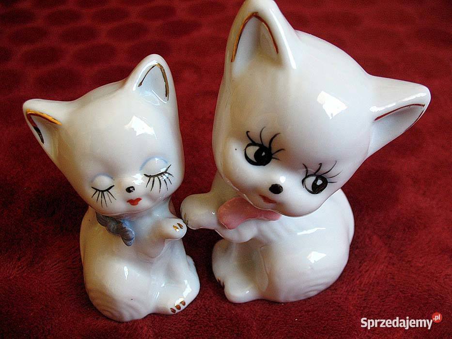 Kot z różową kokardą biała porcelana 10 x 6 x 4 Siedlce
