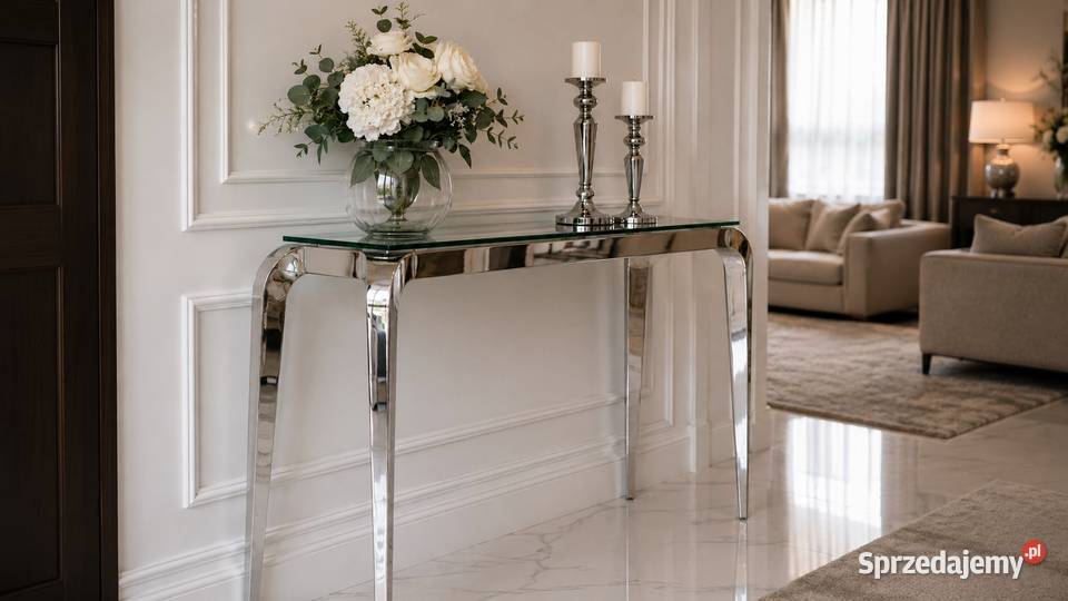 Konsola srebrna nowoczesna z białym szklanym Warszawa
