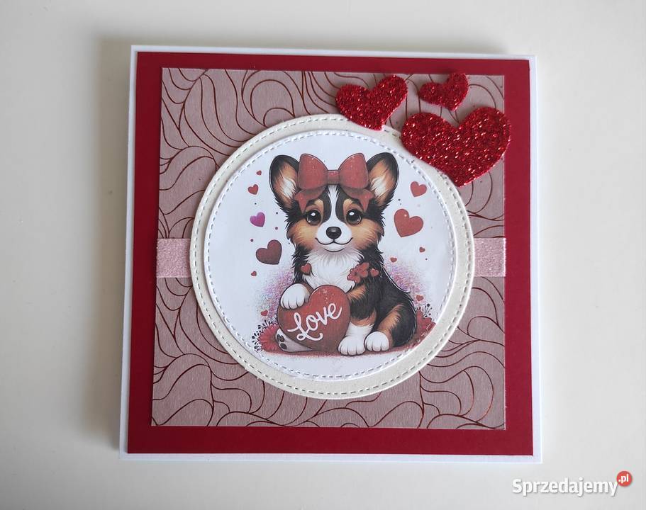 Kartka ręcznie robiona na Walentynki z pieskiem Łódź
