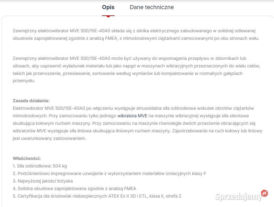 Silnik wibracyjny MVE 50015N40A0 Kazimierza Wielka