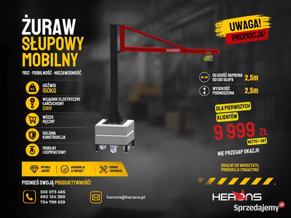 Żuraw słupowy mobilny -150/300/500kg - Producent