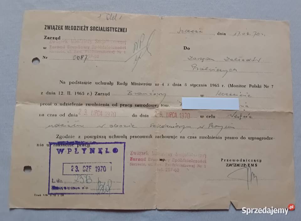 Dokument ZMS Szczecin 1970 r Prośba o zwolnienie Koźminek
