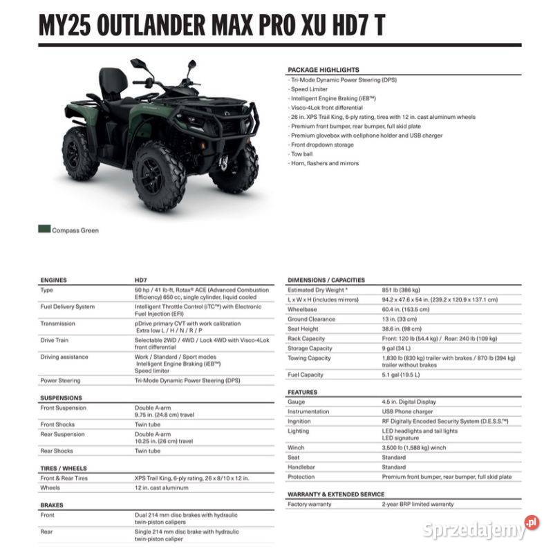 QUAD CanAm Outlander PRO XU T HD7 Compass Green elektryczny starter Nowy Sącz sprzedam