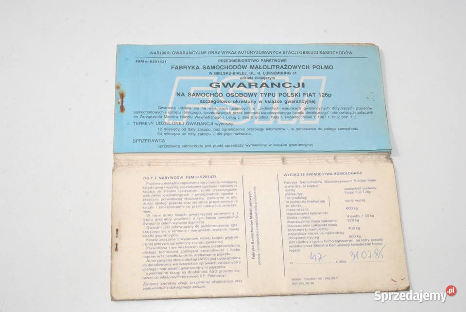 Stara książka gwarancyjna Fiat 126p antyk PRL Cieszyn