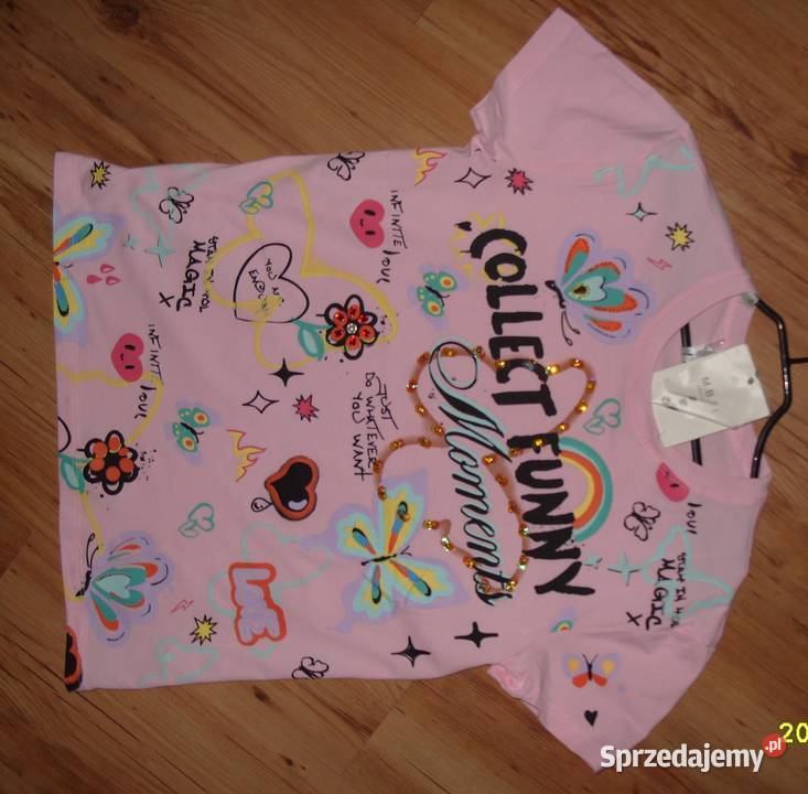 Tshirt NOWY Róż Motyle Serca cekiny cyrkonie r Rawicz