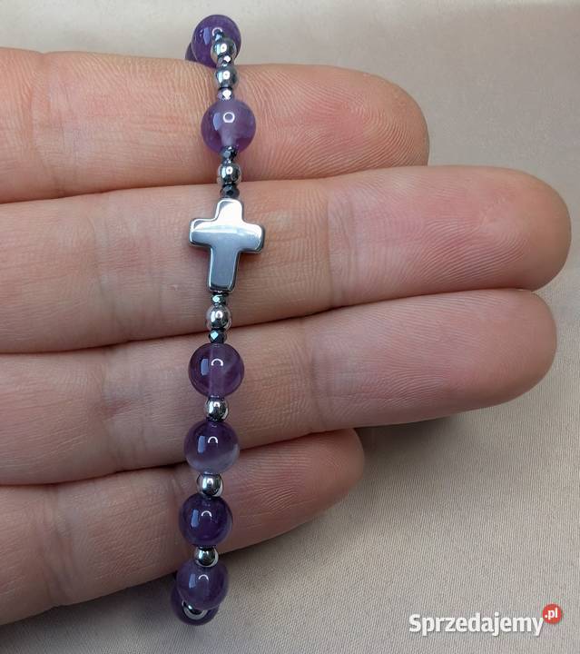 Bransoletka różaniec kamienie ametyst krzyżyk łódzkie Łowicz