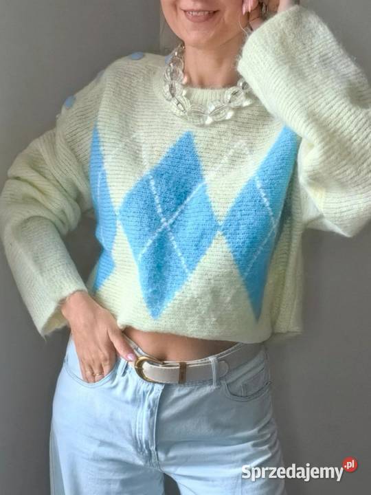 Pastelowy sweter damski w romby oversize guziki Inny wzór Swetry i golfy