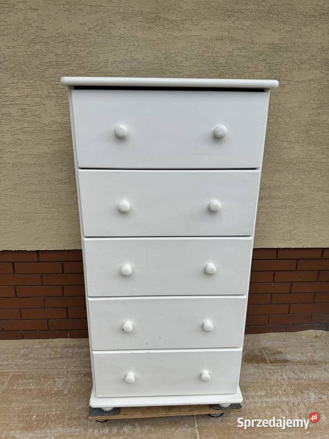 Szafka z szufladami drewniana biała słupek mazowieckie Sulbiny