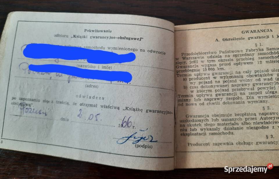 PRL książka gwarancyjnoobsługiwa serwisowa FSO Plewiska sprzedam