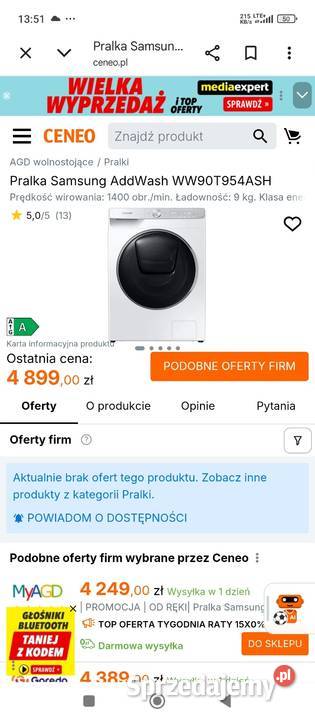 Pralka Samsung Eco bubble 9 1400obr wysoki model Warszawa