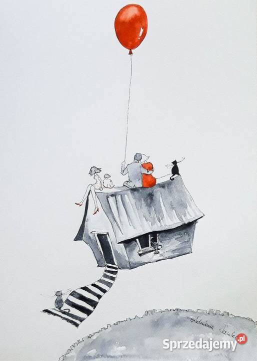 RODZINKA obraz akwarelami i piórkiem artystki A Katowice sprzedam