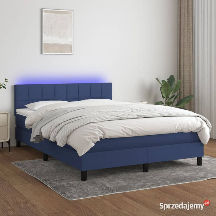 Łóżko kontynentalne z materacem niebieskie 144cm Łóżka