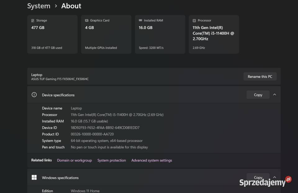 ASUS TUF Gaming F15 i511400H RTX 3050 16GB RAM 16GB Asus pomorskie Słupsk