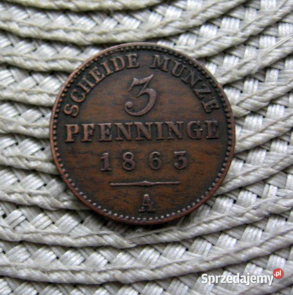 Niemcy Prusy 3 pfennigi 1865r A Ładna Kalisz