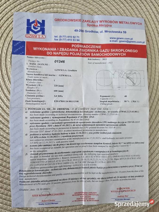 Butla na LPG sprzedam dokumen Garwolin