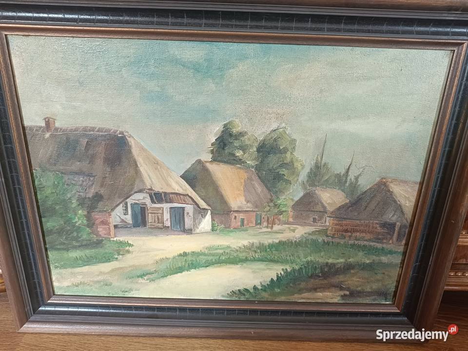 Stary obraz olejny w ramie Stara wiejska osada Lipno