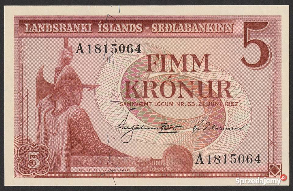 ISLANDIA 5 KORON 1957 STAN BANKOWY UNC Łódź