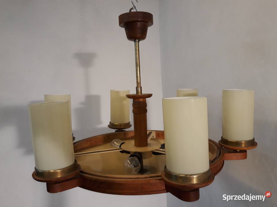 Żyrandol lampa drewniana mosiężna 6 szklanych Olkusz sprzedam