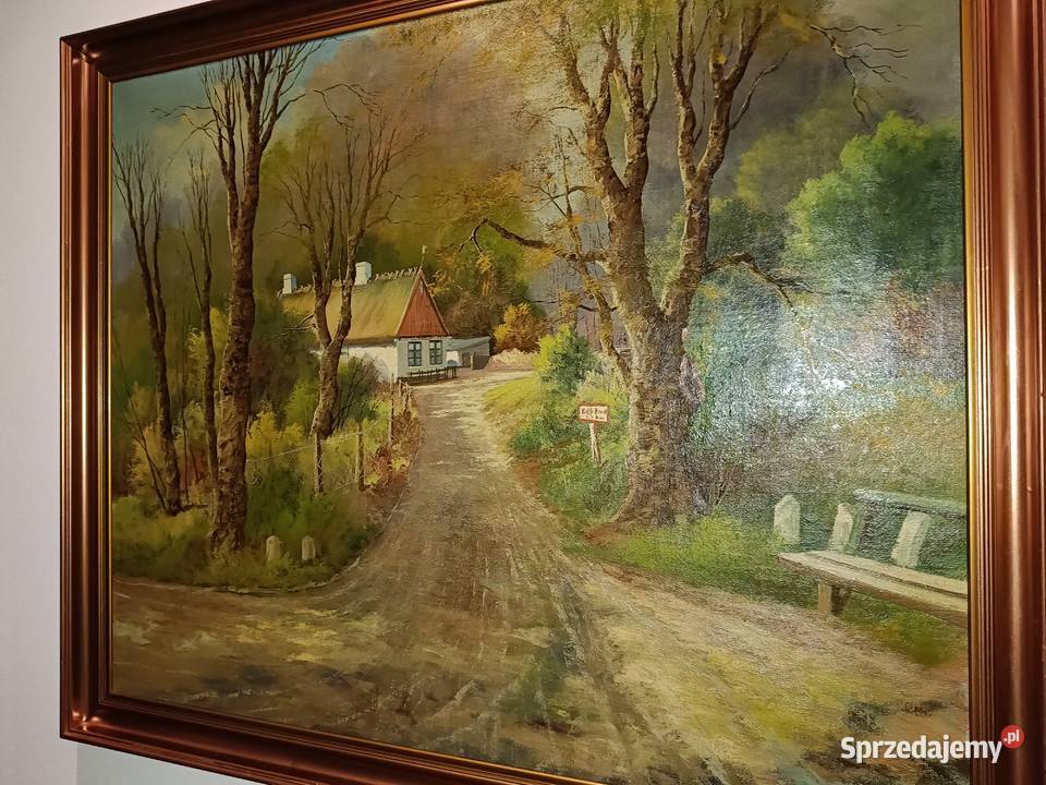 Stary duży obraz olejny na płótnie w ramie Dom i Ogród kujawsko-pomorskie Lipno