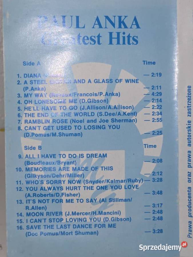 Kaseta magnetofonowa Paul Anka Greatest Hits pop Jastrowie