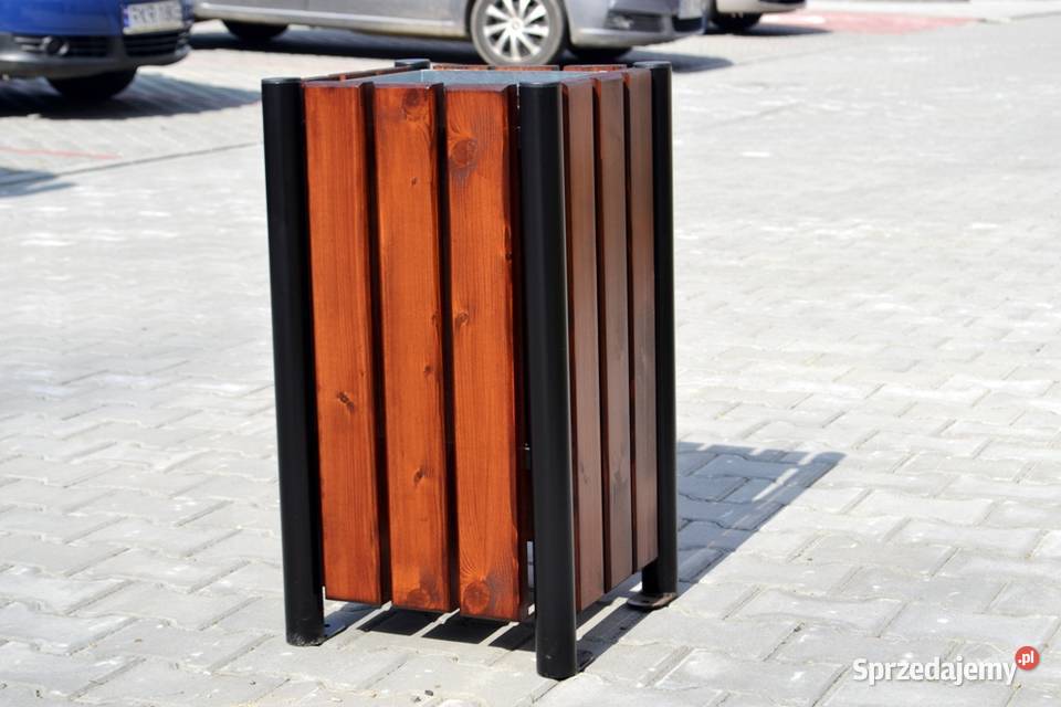 Kosz na śmieci odpadki uliczny drewniany stalowy 35l W094
