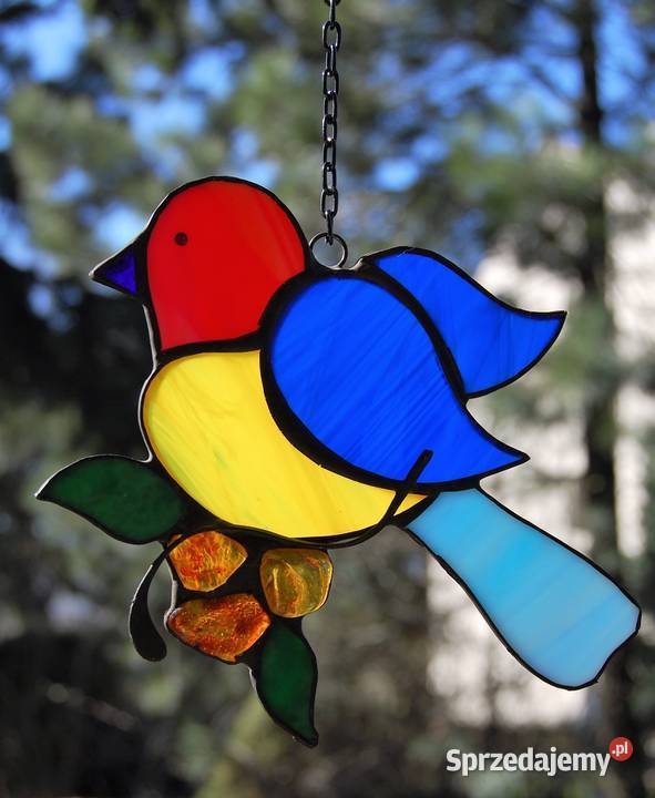 Ptak niebieskożółty z bursztynem bałtyckim Lublin sprzedam