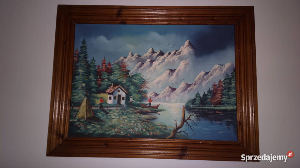 Obraz malowany ręcznie lata 60-70 o wym. 85 cm x 64 cm.