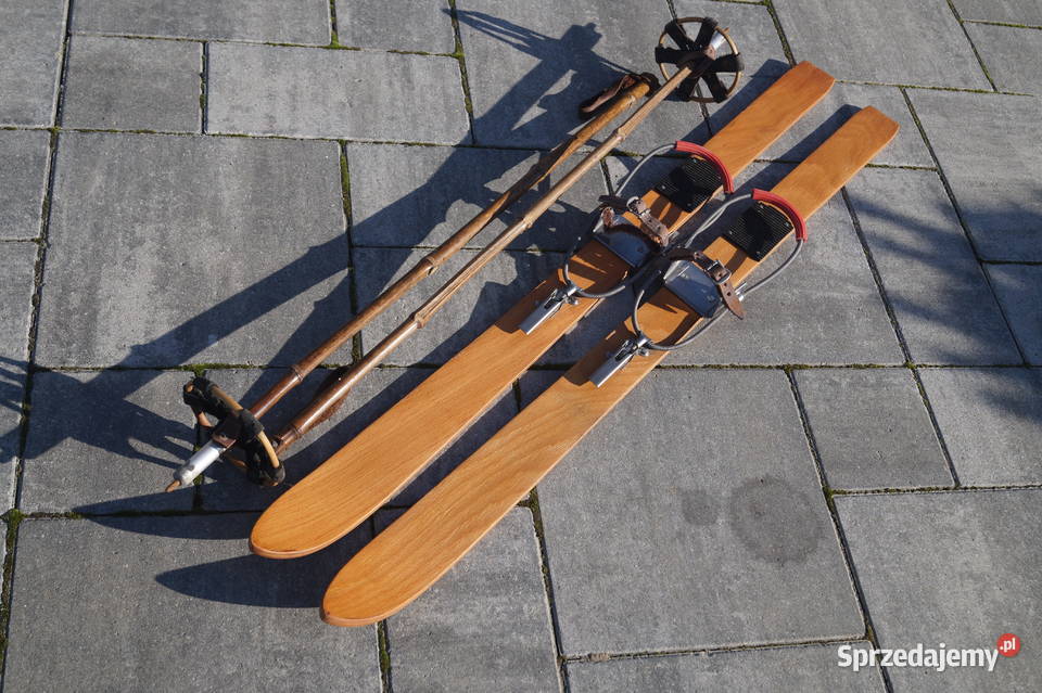 Stare drewniane narty dziecięce 100 kijki podkarpackie Pruchnik