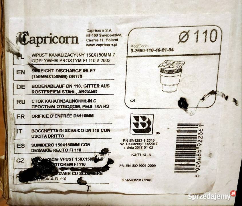 Wpust kanalizacyjny 150x150 fi 110 Capricorn Kościan sprzedam