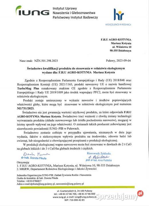 Wapno granulowane ekologiczne magnezowe Czarna Łódź
