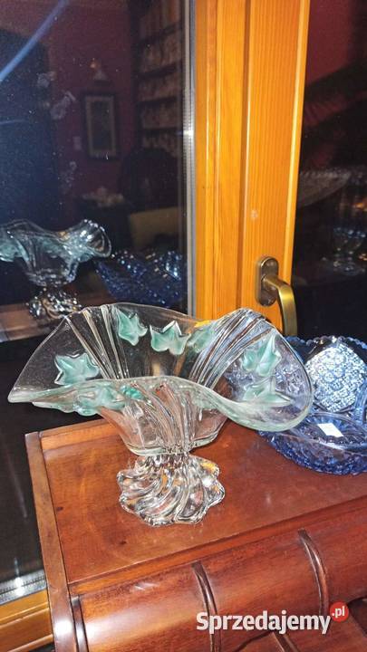 Patera na nodze liście zieloneszkło kryształowe Gdańsk