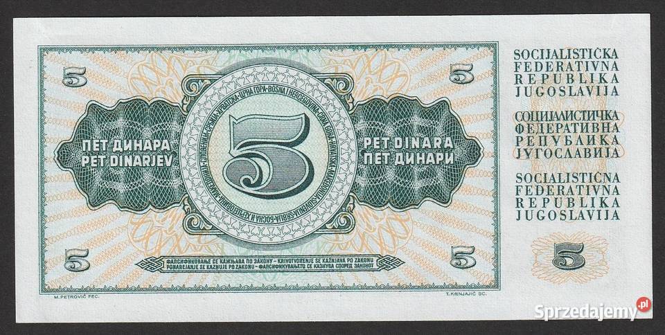 JUGOSŁAWIA 5 DINARÓW 1968 STAN BANKOWY UNC Łódź