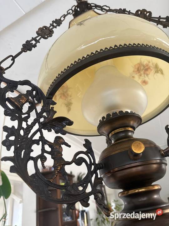 Śliczna lampa naftowa żyrandol drewno mosiądz Lampy wiszące dolnośląskie Bystrzyca Kłodzka