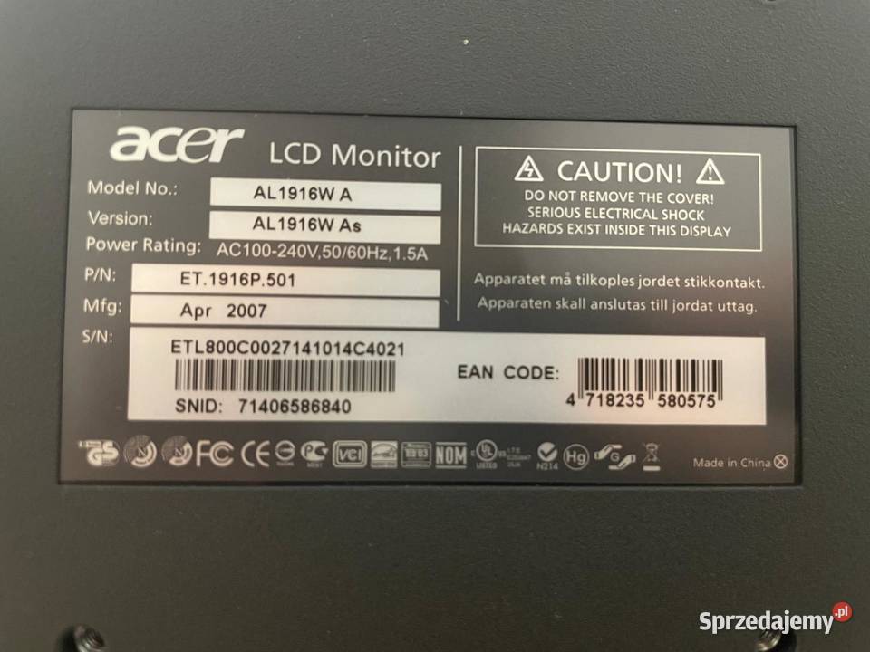 Monitor LCD 19 ACER AL1916W Acer mazowieckie Warszawa sprzedam