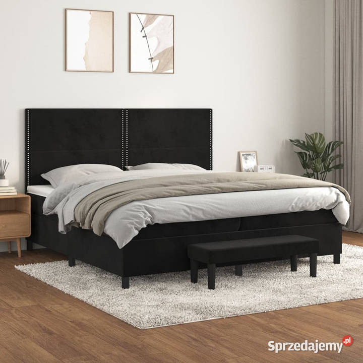 Łóżko z Materacem Kontynentalne Czarne Aksamit 128cm Łóżka