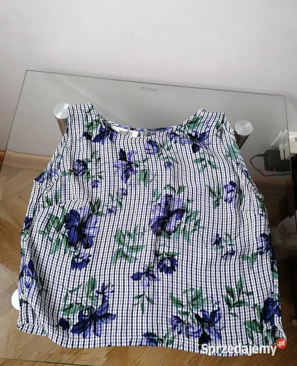 WALLISDAMSKI TOP BEZ RĘKAWÓW W KRATĘ KWIATY R38 biały Topy i koszulki łódzkie Łódź