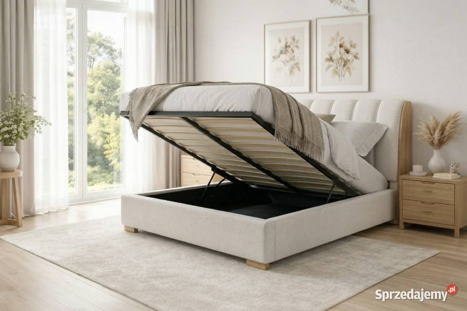 Sypialniane łóżko ARIA 140x200 beżowe z drewnem 115cm Łóżka Łódź