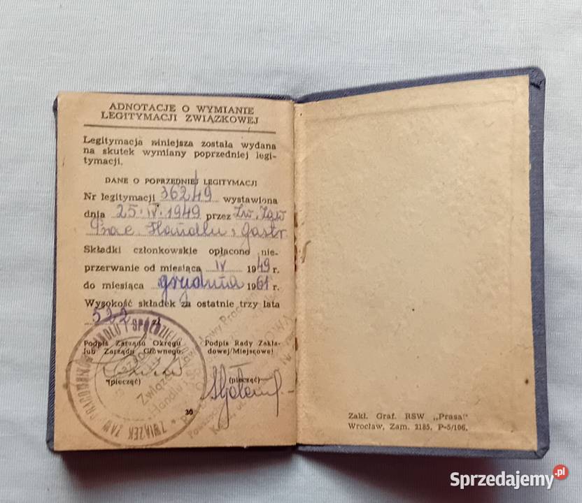Legitymacja związkowa Związek Zawod Prac Koźminek