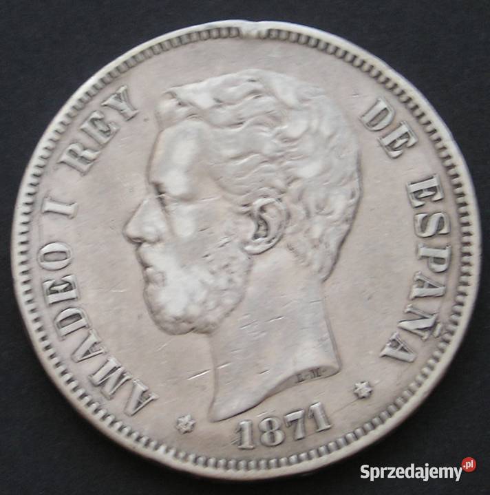Hiszpania 5 peset 1871 Amadeo I srebro Numizmatyka Łódź